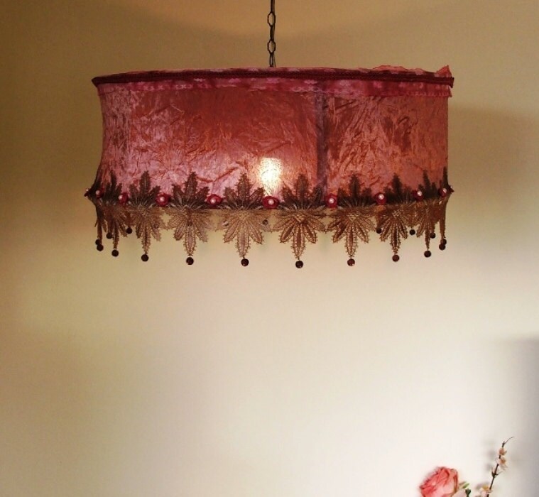Exceptionally Large Velvet Hanging Lampshade- Antique Pink Ceiling Light