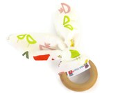 Natural Wooden Teething Ring Soother in ORGANIC 'Little Bird Red' & Unbleached Bamboo Terry....an eco friendly gift idea from Cwtch Bugs