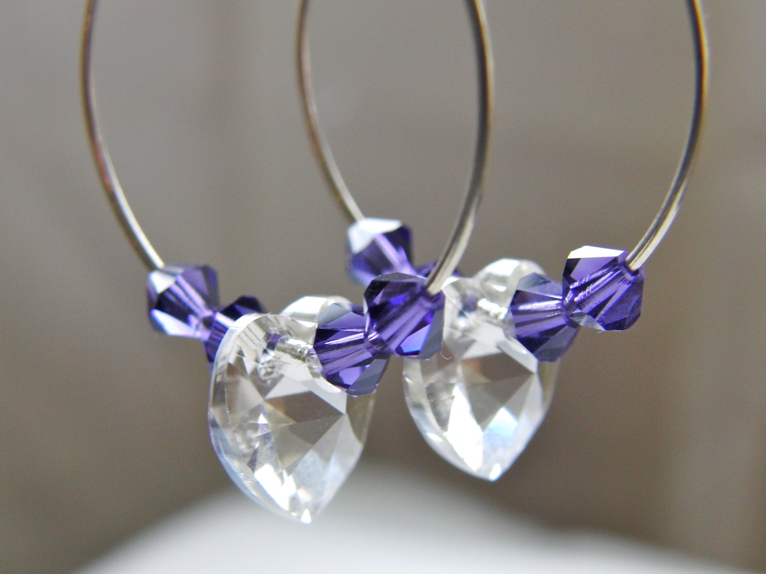 Swarovski Crystal Heart Sterling Silver Hoop Earrings Purple Crystal