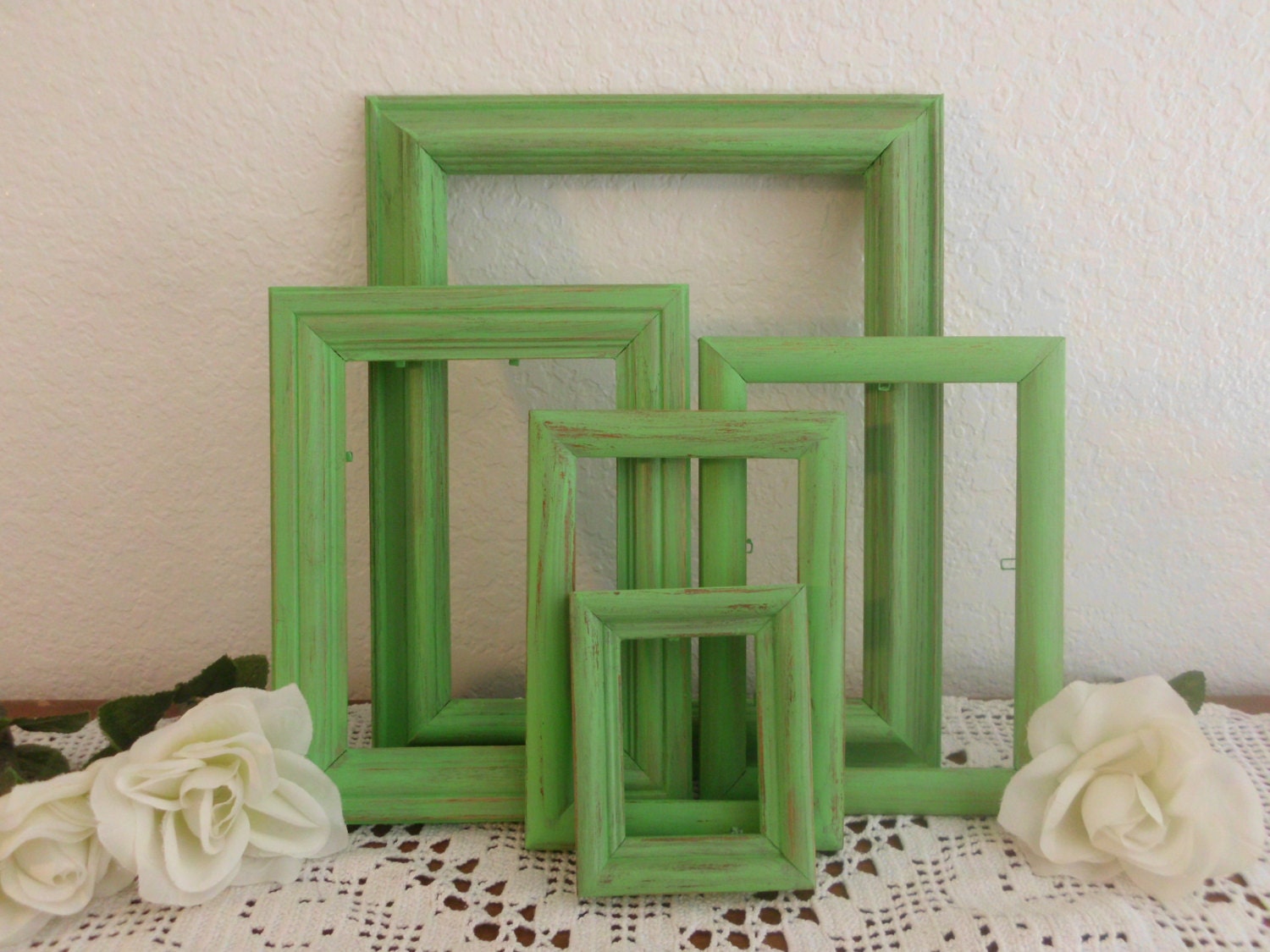 Grass Green Picture Frame Set Rustic Distressed Shabby Chic Photo Gallery Collection Beach Cottage Country Farmhouse Home Decor