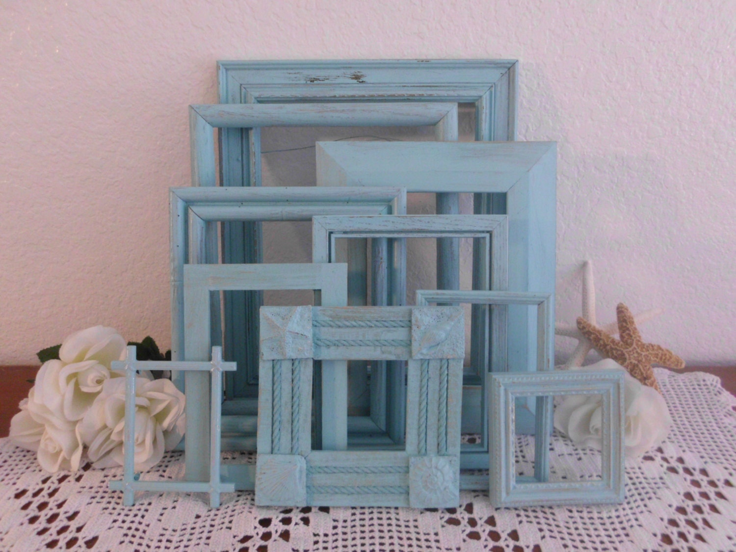 Coastal Seaside Blue Picture Frame Set Beach Cottage Shabby Chic French Country Farmhouse Rustic Distressed Summer Photo Gallery Collection