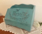 Aqua Turquoise Teal Blue Upcycled Wooden Vintage Bread Box Rustic Solid Wood Hand Carved Beach Cottage Kitchen Home Decor