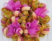 Lime Green Striped Metallic Spiral Mesh Wreath