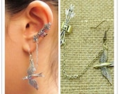 Hunger Games Inspired Earring - Antique Silver/Bronze Quiver Arrows Dangle Mockingjay Bird Chain Ear Cuff Clip Stud Wrap Earrings PIERCING