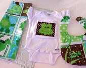 SALE 3.00 off - FREE USA shipping, Handmade Appliqued  Frog Onesie Burp Cloth & Bib set, Frog Shower, custom boy bib, frog baby, turtle baby