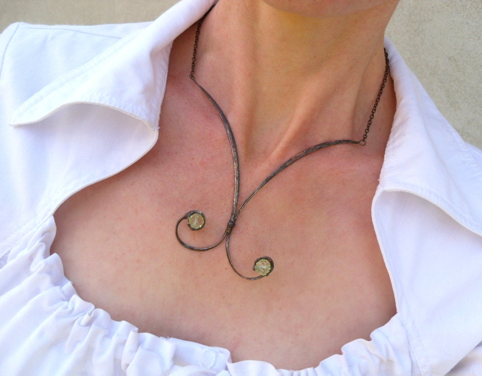 Copper wire necklace green beaded jewelry