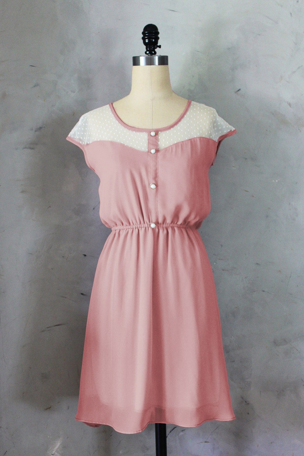 PETIT DEJEUNER - Blush rose dress with polka dot lace illusion neckline // retro // vintage inspired // bridesmaid dress