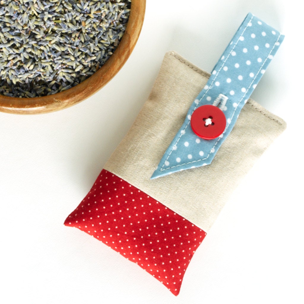 Dried Lavender Sachet Hanging Natural Teacher Gift Retro Blue and Red Polka Dot Linen