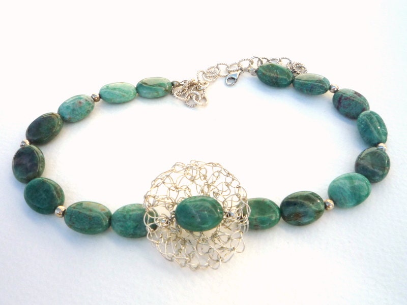 Ruby Zoisite Chocker with Sterling Silver crochet flower  focal design.