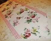Floral Table Runner  Springtime Roses Pink White Checkered 58 x 14.5