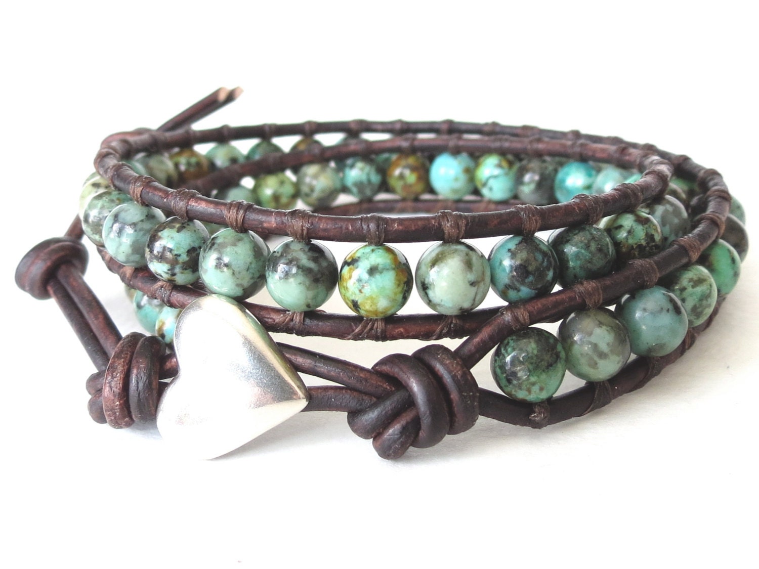 Hipster wrap bracelet with Sterling silver heart button, gift, African turquoise gemstones, bohemian summer jewelry, gift for her