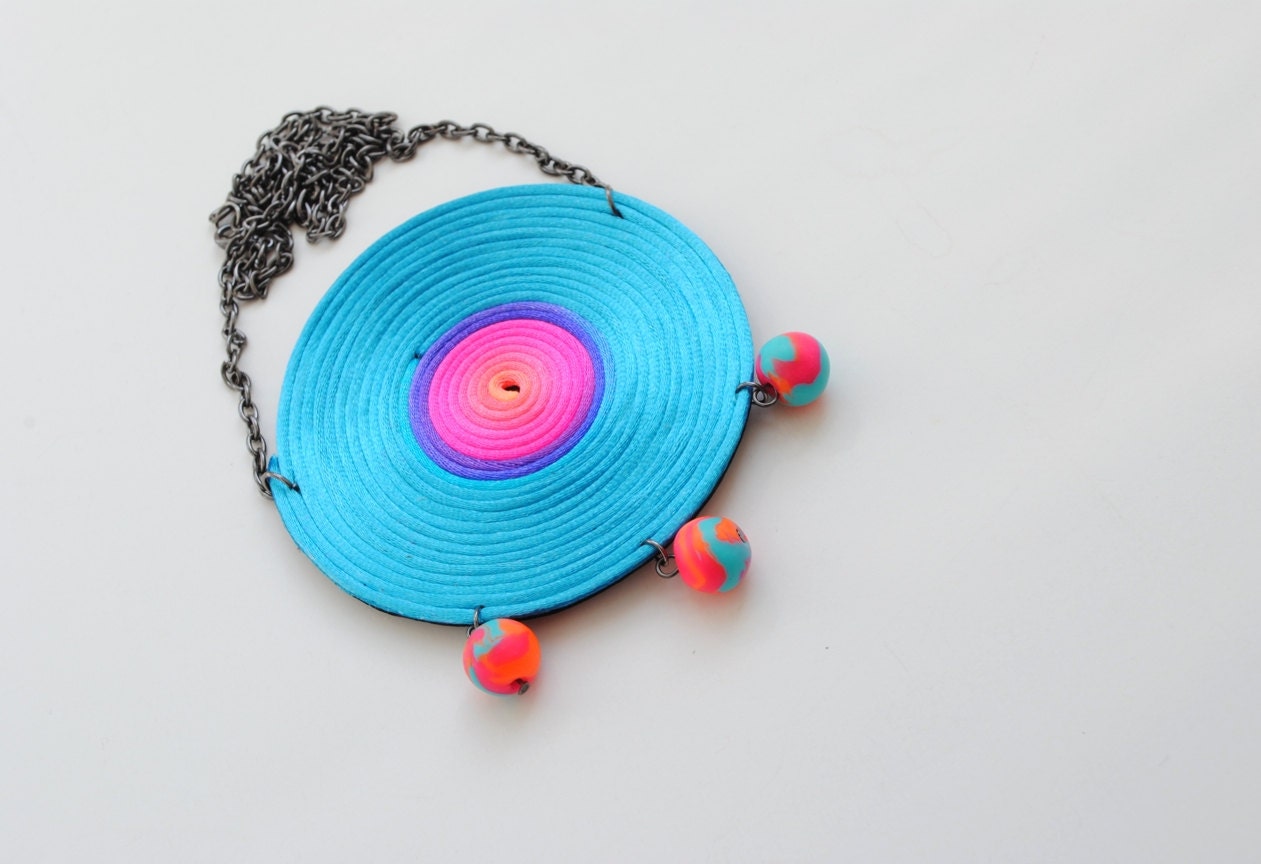 OOAK Multicolor neon pink violet turquoise orange spiral necklace, satin cords, polymer beads, geometric, summer, colourful, gift for her