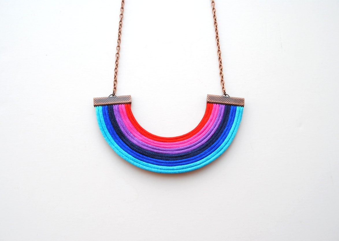OOAK Ombre gradient multicolor rainbow necklace, red fuchsia purple blue turquoise satin cords, summer, geometric, colorful