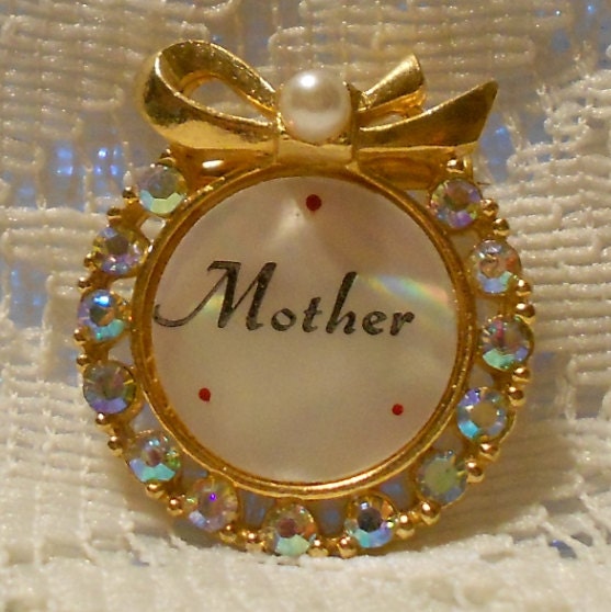 Vintage Mother of Pearl and Rhinestone Brooch