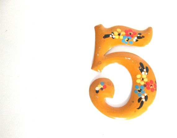 Vintage Metal No. 5 -Five-Yellow Tin- House Address Number 5