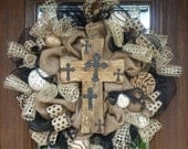 Burlap and Black Wreath with RUSTIC CROSS