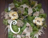 Deco Mesh and BURLAP Wreath with an INITIAL and Beautiful Silk Flowers