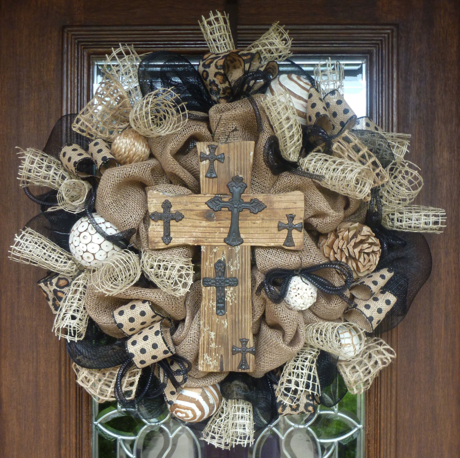 Burlap and Black Wreath with RUSTIC CROSS