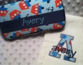 Custom Personalized Nauatical Ship & Anchors Boutique Burp Cloth and Travel Baby Wipes Case Set Name and Initial Monogram Navy Blue Red