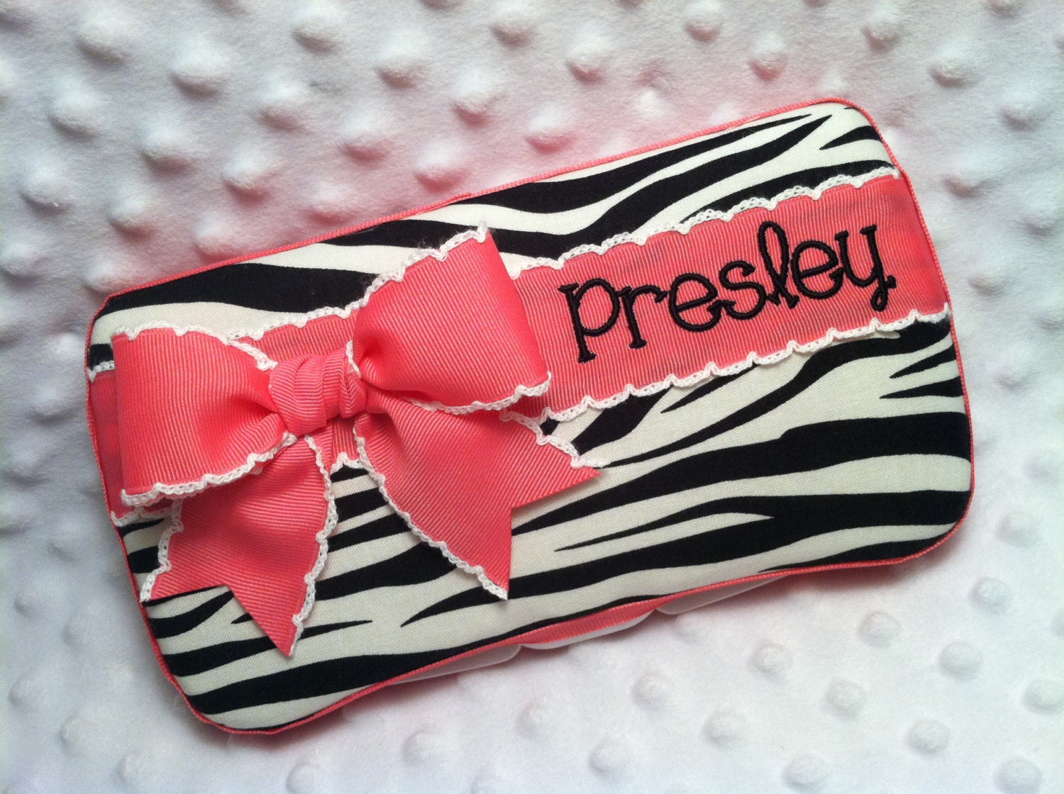 Custom Black and White Zebra Print and Pink Trim with a Bow and Name Embroidered Boutique Diaper Baby Wipes Case