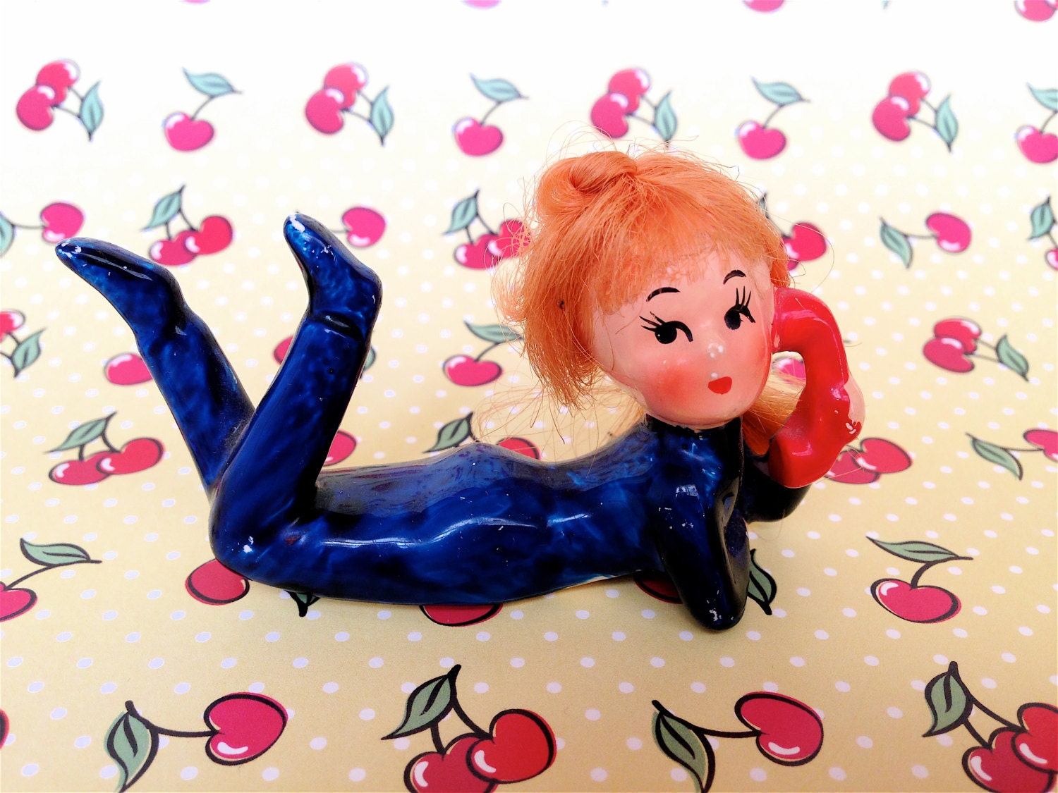 Vintage Mod Kitschy Groovy Neato little Red Headed Teenager Talking on a Red Telephone