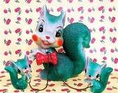 Fantastic Rare Vintage Kitsch Arnart Japan number 7091 Near Emerald Teal Mint Green Squirrel Family Trio Set Mama and Babies