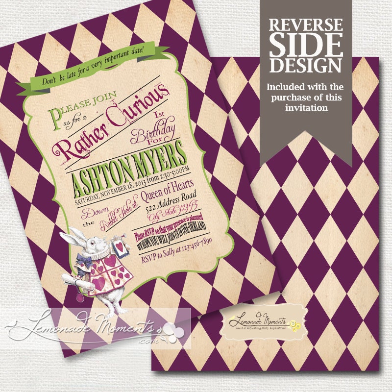 Alice in Wonderland / Mad Hatter Tea Party Invitation- Printable Birthday or Wedding /  Baby Shower Invite - Purple