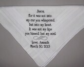 Man's Personalized Wedding Bridal Handkerchief from the Bride to her Groom