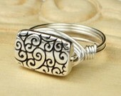 Wire Wrapped Ring- Sterling Silver Filled Wire with Rectangle Swirl Bead - Any Size - Size 4, 5, 6, 7, 8, 9, 10, 11, 12, 13, 14