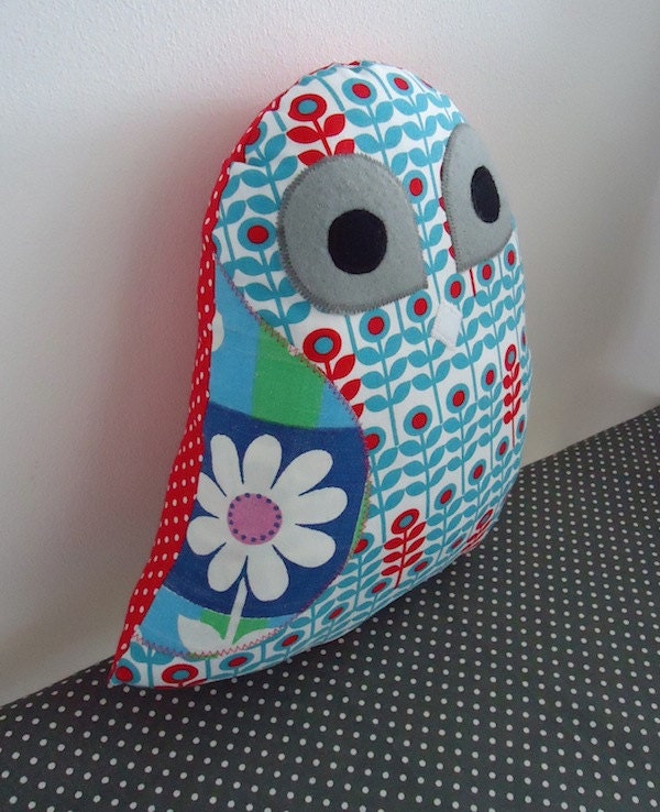 Retro Modern Owl Toy in stem/flower print fabric with appliqué features