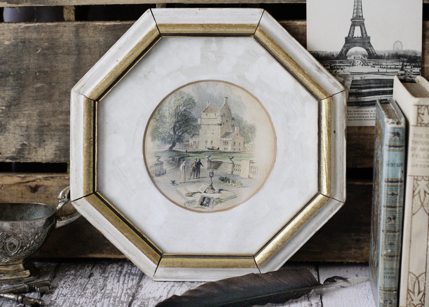 Vintage French Old World Print in Octagon Shabby Chic Wooden Frame - White & Gold