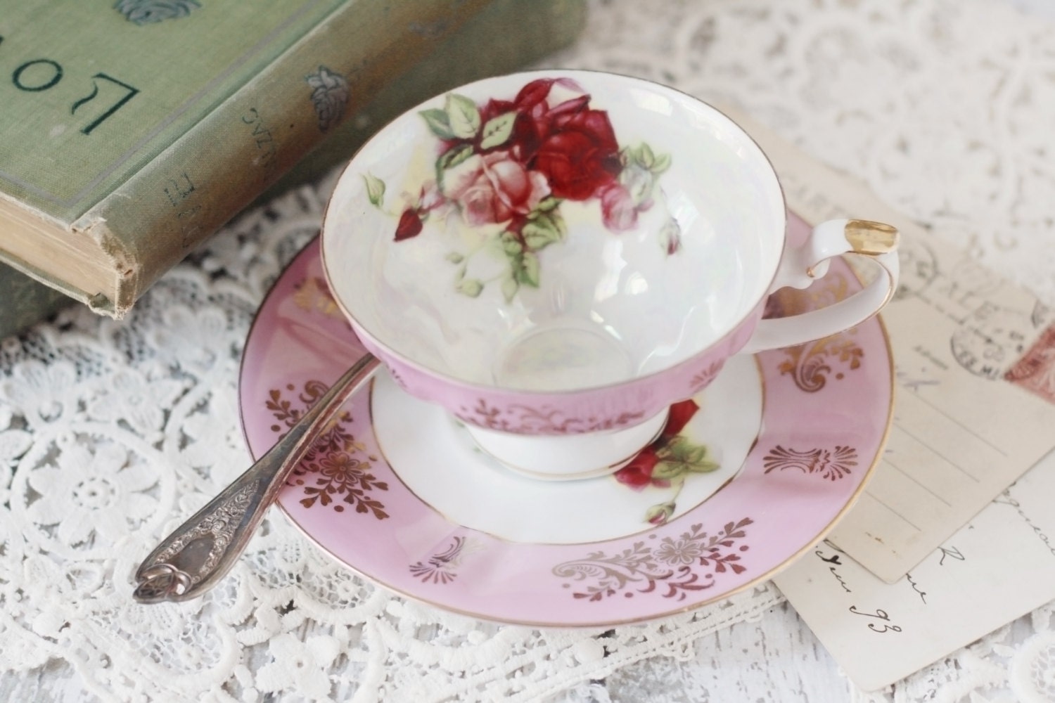 Vintage Pink and Rose Lusterware Teacup by Royal Halsey - circa 1940's