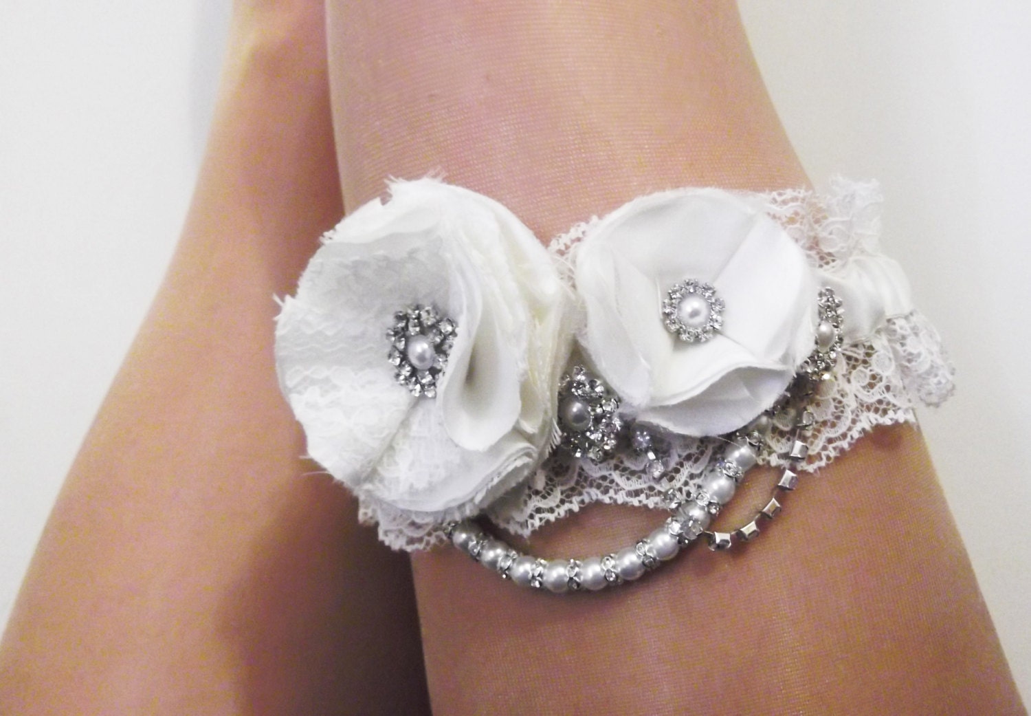 Ivory Wedding Garter- Silk and Lace with Roses Diamante and Pearls