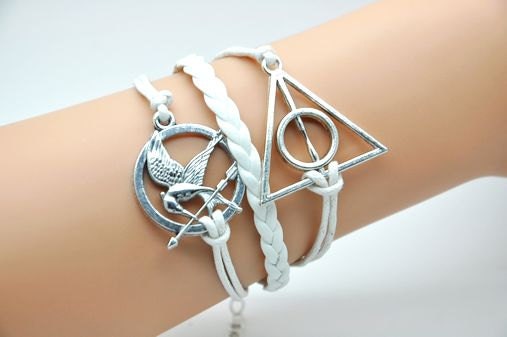 Adjustable Vintage Silver White Rope and WhiteLeather Harry Potter Hunger Games Personality Bracelet  2051S