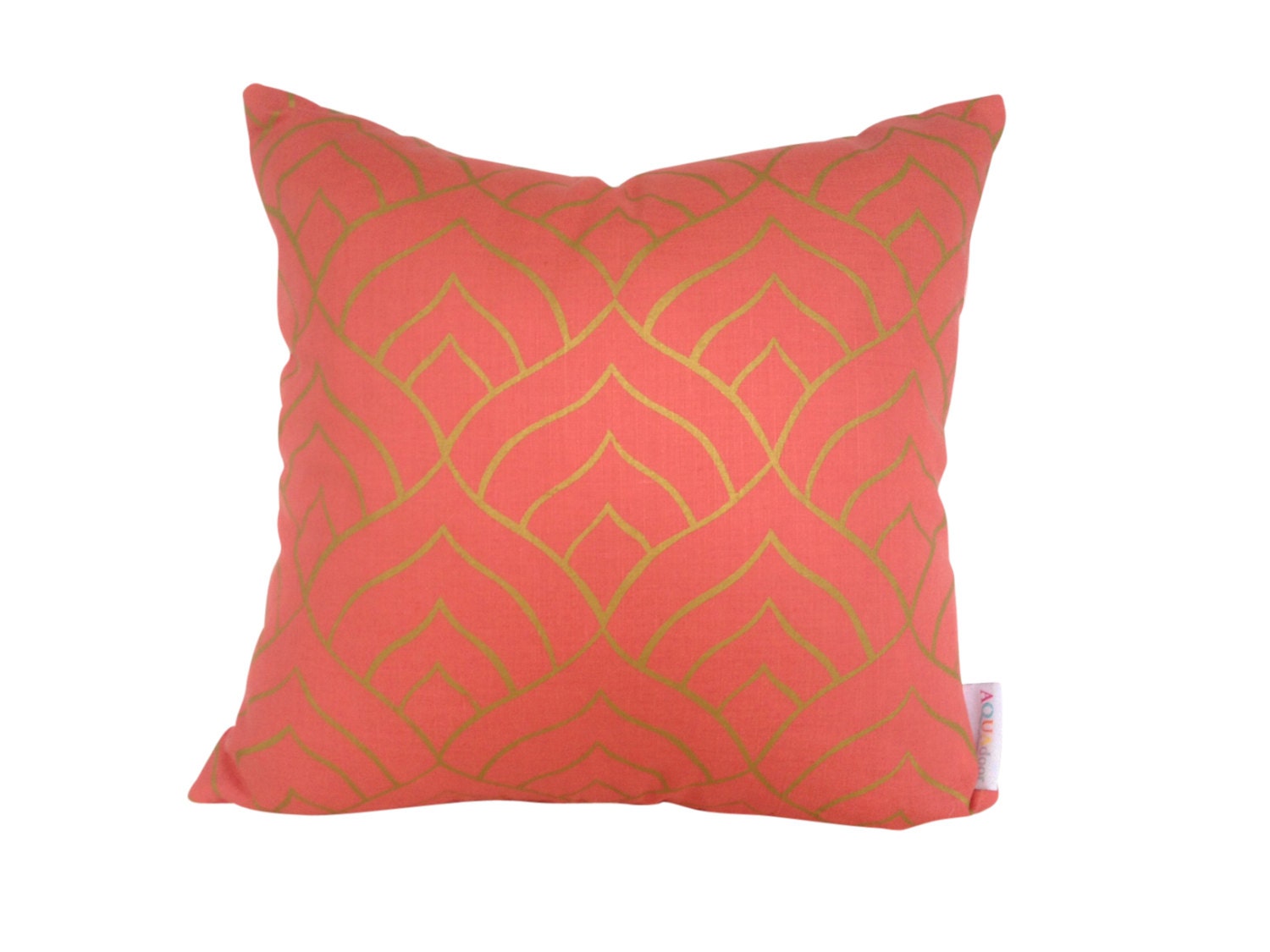 Dome cushion cover in gold ink on coral linen/cotton 42cmx42cm
