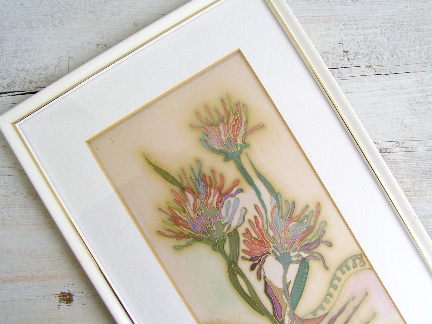 Vintage Hand painted Flowers on Silk Picture, Retro Modern floral picture, shabby chic romantic decor, Spring, vintage original painting