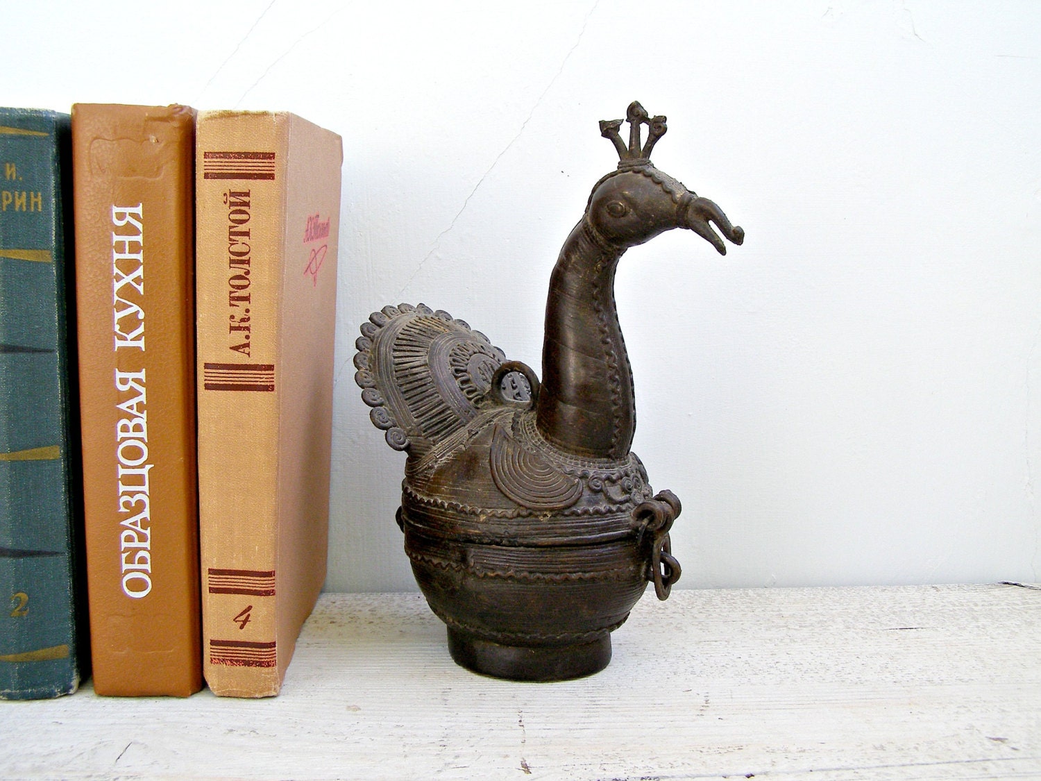 Antique Iron Peacock figurine, Metal Peacock sculpture, Folk art, Trinket box, Wildlife, collectible, Gift for man, Cottage chic, Loft Decor