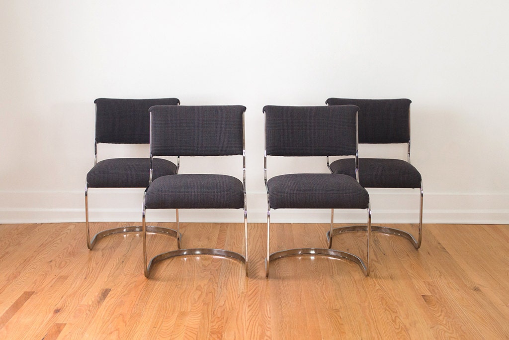 Set of Four Milo Baughman Style Chrome Chairs with Vintage Plaid Upholstery