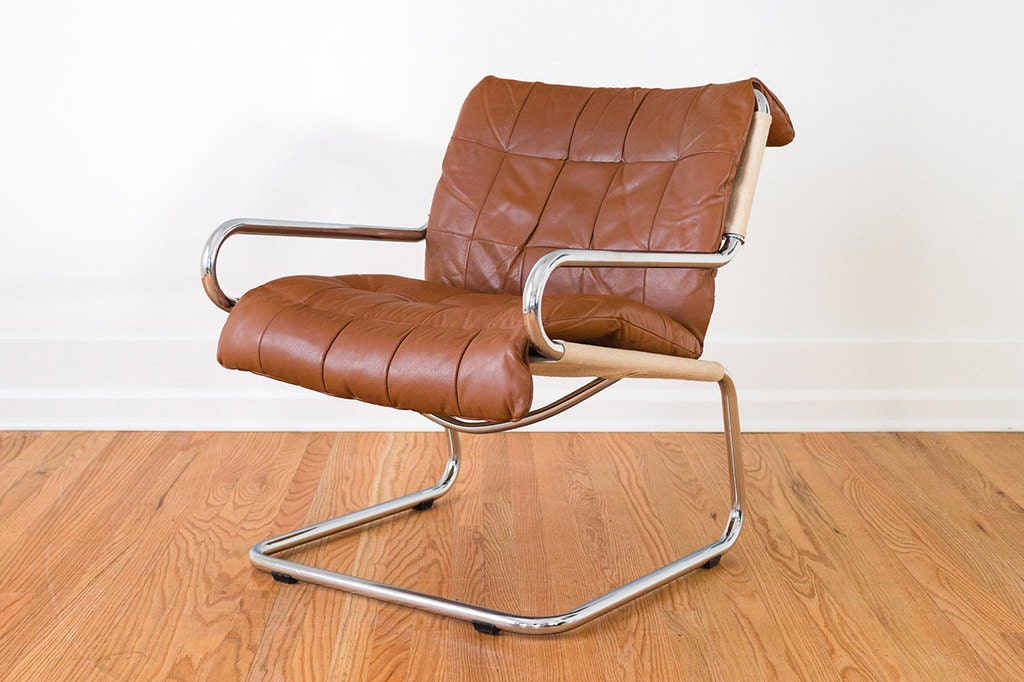 SALE Vintage Mid Century Patchwork Leather and Chrome Cantilever Chair