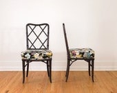 Pair of Mid Century Rattan Chinoiserie Chairs with Custom Barkcloth Upholstery