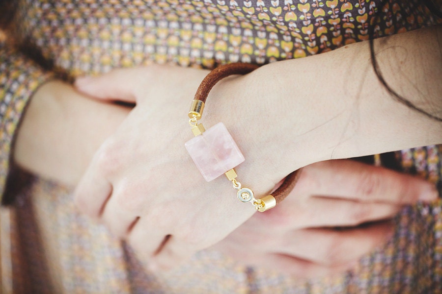 New 2013 Collection: Light Pink Quartz on Brown Leather Cord Bracelet by pardes israel