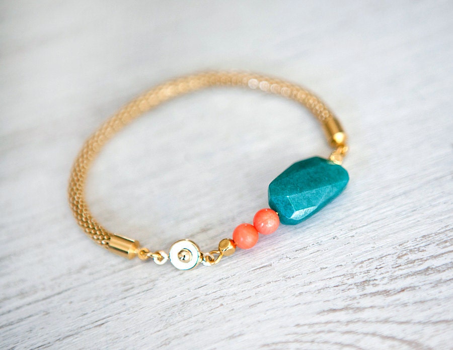 Snake Bracelet - Collection Deep Teal Jade and Coral Beads on Gold Mesh Cord by pardes israel