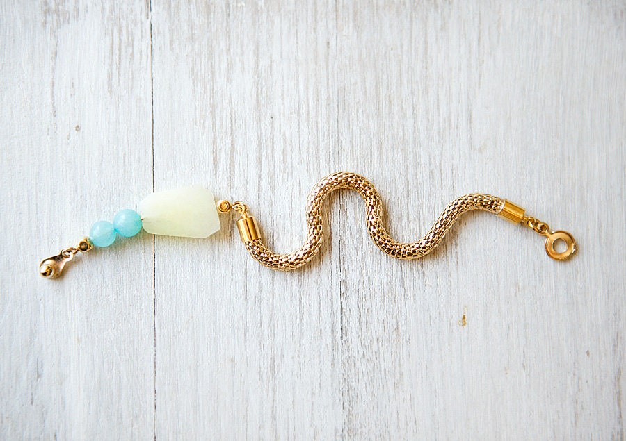 Snake Bracelet - Yellow Jade and Amazonite Beads on Gold Mesh Cord Bracelet by pardes israel
