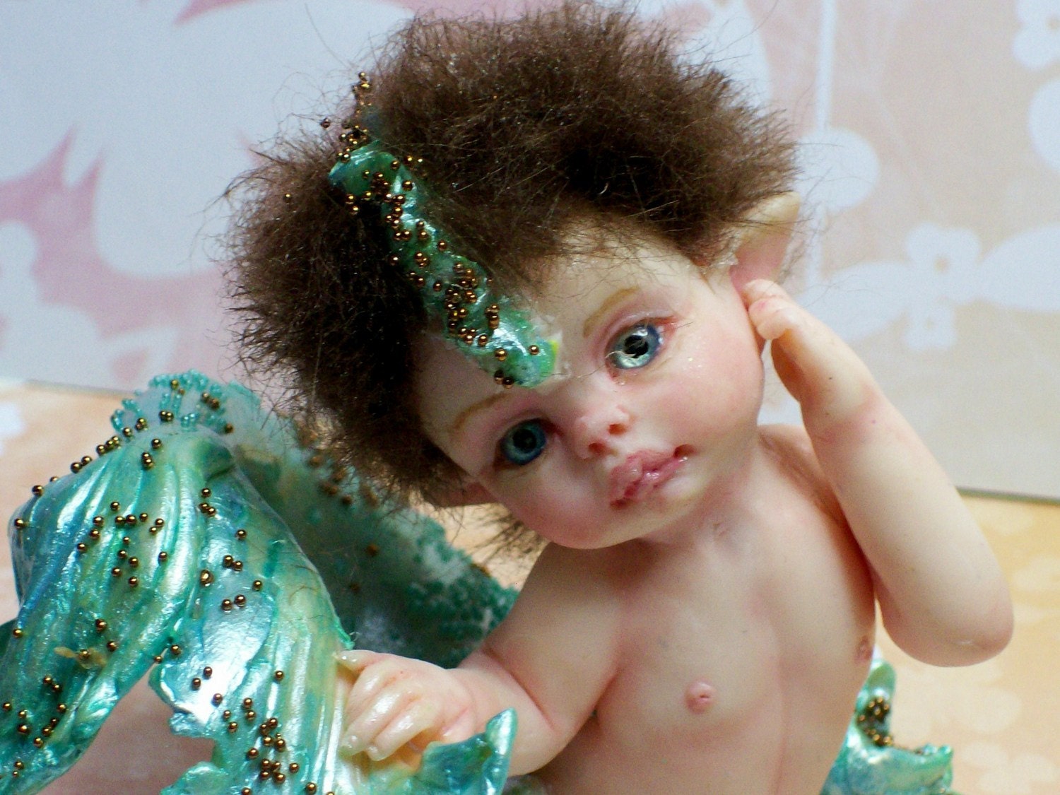 OOAK art doll fantasy mermaid baby boy polymer clay sculpture fairy IADR handmade      free shipping