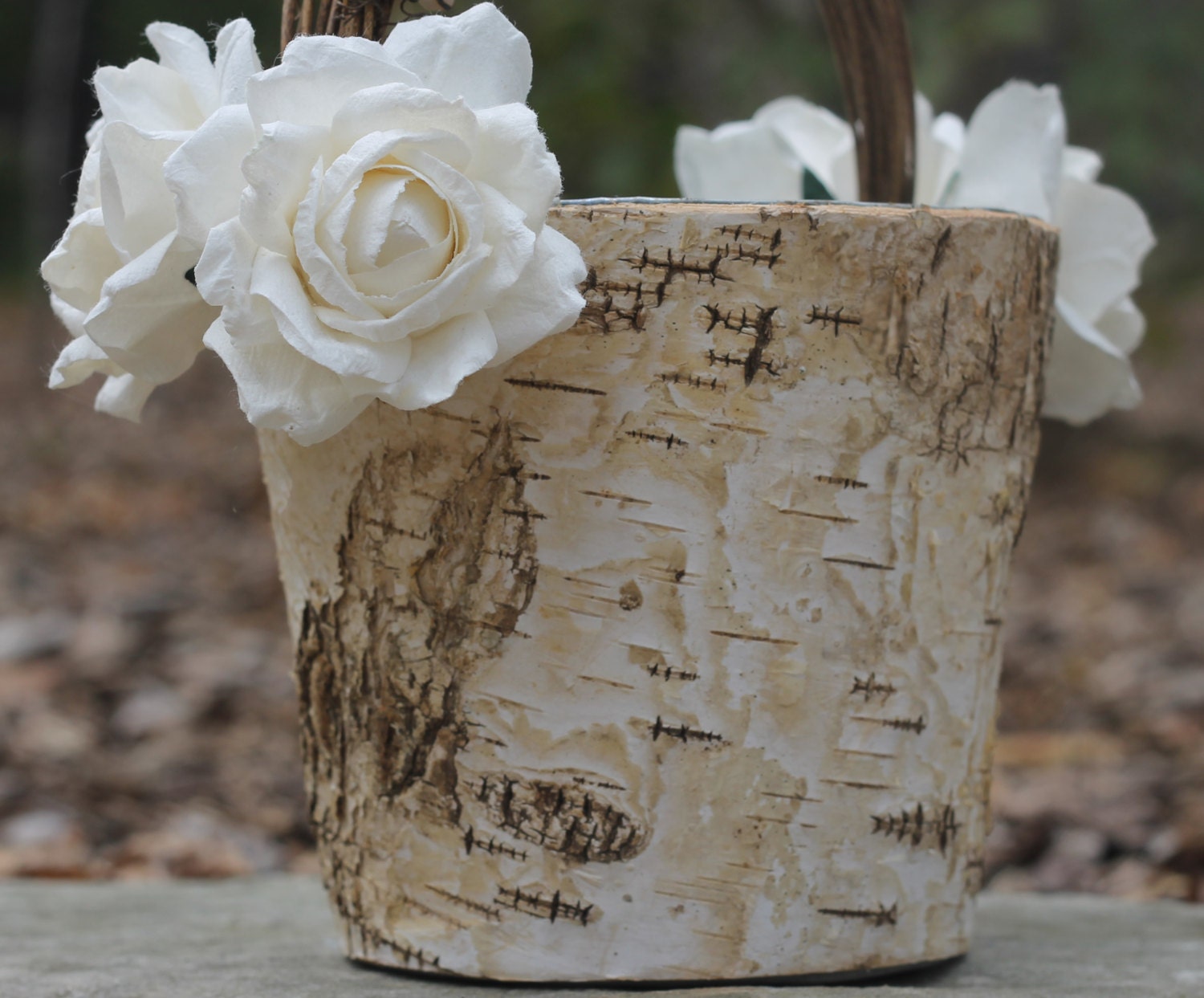 Birch Flower Girl Basket Rustic Flower Girl Basket, Personalized Heart Rustic Wedding