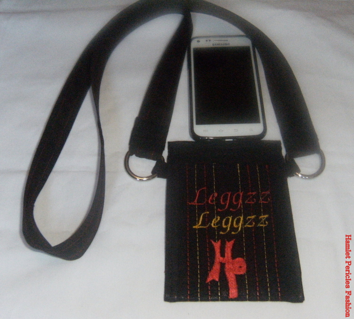 OOAK shoulder strap phone pouch / Black cotton-striped phone pouch by Hamlet Pericles