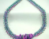 Statement Necklace, Bead woven and Knotted, Pink.Green,Purple & Aqua, Bold,Vibrant OOAK