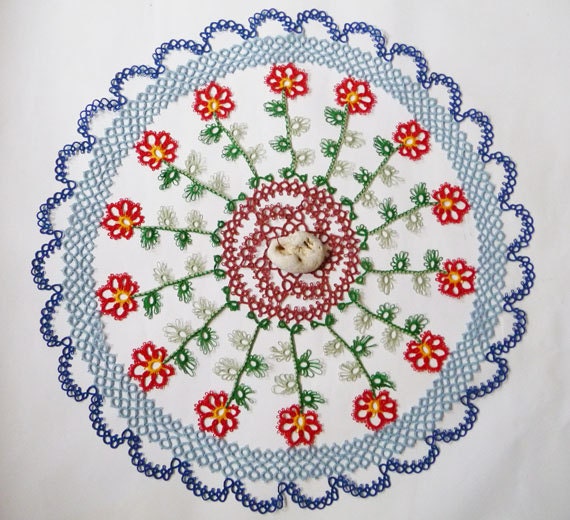 Tatting round Doily Stone Garden with Adder stone - gift for mom - Mothers day - Housewares - natural talisman.