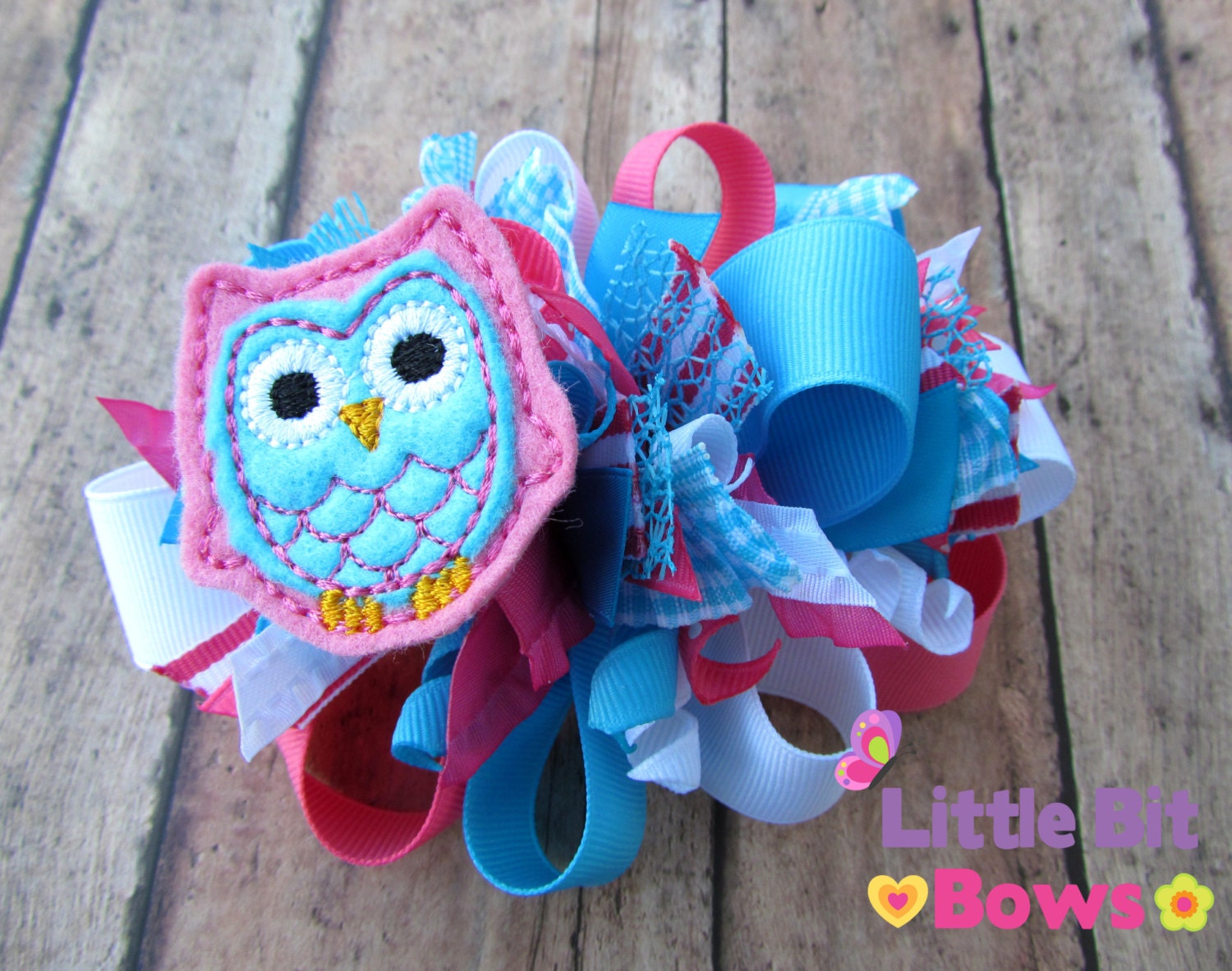 Mystic Blue, Hot Pink, and White Owl Feltie Boutique Funky Bow