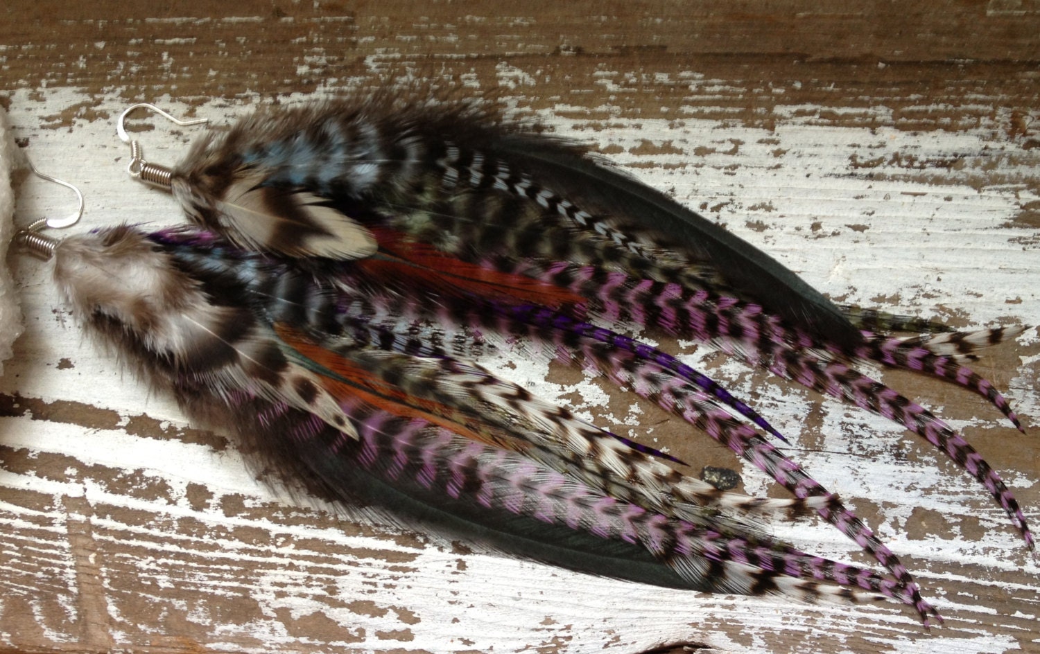 RAINBOW TRIBE /  Feather Earrings - Natural Premium Rooster, Grizzly Feathers, Long, Bohemian, Gypsy, Tribal, Summer, Festival